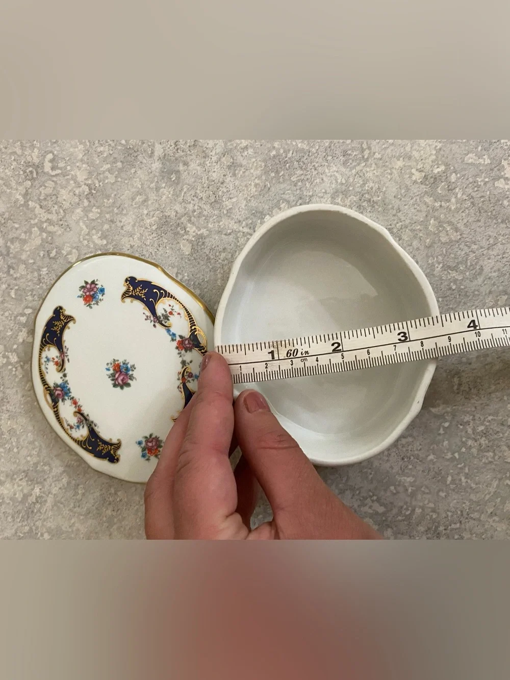 Vintage Portugal Porcelain Trinket Dish Delicate Floral Blue Gold Design
